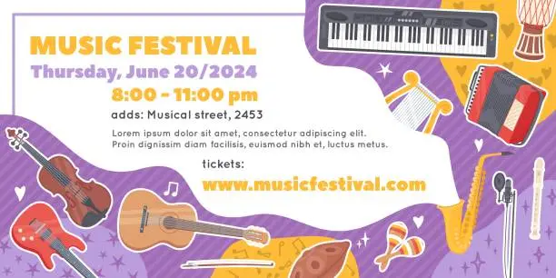 Vector illustration of Musical festival poster. Jazz and blues bands performance. Brass, strings and percussion instruments. Orchestra concert. Party announcement. Invitational banner recent vector design