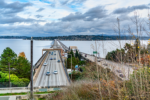 A view of highway bridges spanning Lake Washington in Seattle.