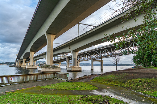 A view from beneath bridges that span Lake Washington in Seatttle.
