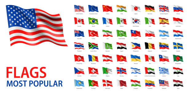 Waving Flags - Vector Set. Most Popular Flags Isolated on White Background Waving Flags of United States, Germany, European Union, Canada, China, Japan, France, United Kingdom, Italy, India, Brazil, Mexico, South Korea, Spain, Australia, Turkey, Russia, Indonesia, Iran, Saudi Arabia, Taiwan, Poland, Argentina, Netherlands, Thailand, South Africa, Pakistan, Egypt, Philippines, Belgium, Venezuela, Sweden, Ukraine, Hong Kong, Romania, Austria, Vietnam, Peru, Chile, Bangladesh, Czech Republic, Switzerland, Algeria, Norway, Israel, United Arab Emirates, Greece, Iraq, Kazakhstan, Portugal, Denmark, Qatar, Hungary, Colombia, Malaysia, Syria national flag stock illustrations