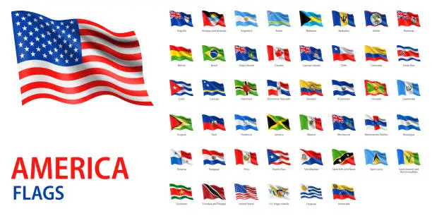 Vector illustration of Waving Flags of America - Vector Set. American Flags Isolated on White Background
