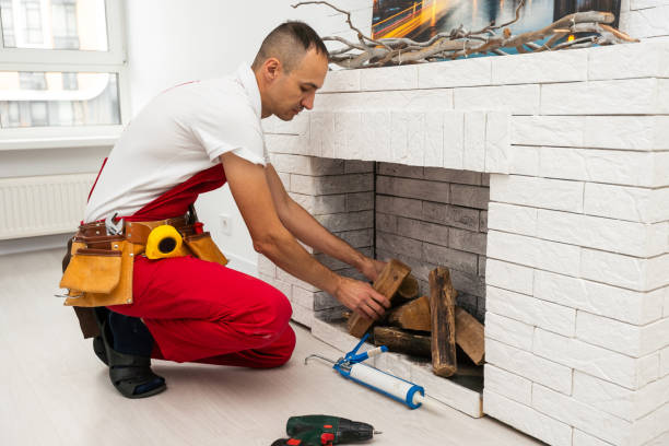 istock Service technician repairing a fireplace in a home 1865088413