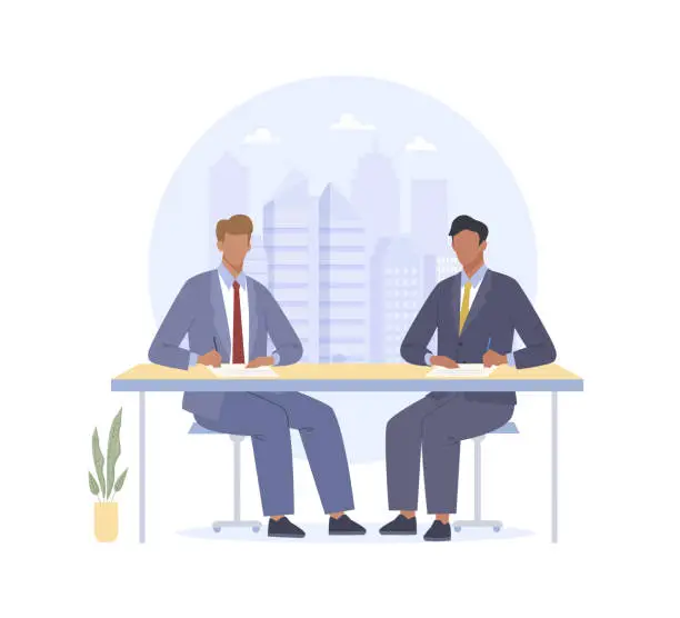 Vector illustration of Two businessmen signing a contract sitting at a table. Business concept of successfully meeting, partnership