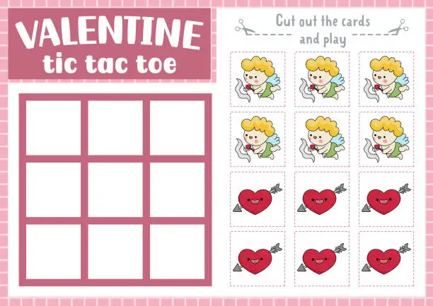 Vector illustration of Vector Saint Valentine tic tac toe chart with cupid and heart with arrow. Kawaii board game playing field with cute characters. Funny love holiday printable worksheet. Noughts and crosses grid