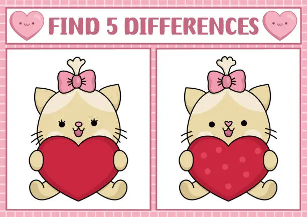 Vector illustration of Saint Valentine kawaii find differences game for children. Attention skills activity with cute sitting cat with heart. Love holiday puzzle for kids. Printable what is different worksheet