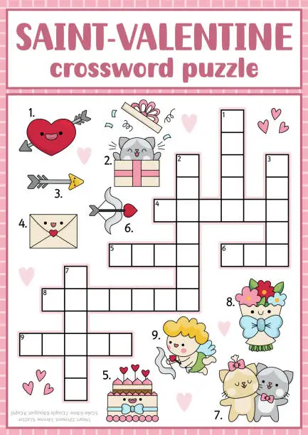 Vector illustration of Vector Saint Valentine crossword puzzle for kids. Love holiday quiz for children. Educational activity with kawaii symbols. Cute English language cross word with cupid, heart, couple, cake, bouquet