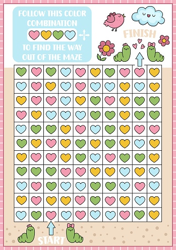 Saint Valentine maze, color recognition, seek and find game with hearts. Attention skills training puzzle. Kawaii printable activity for kids. Logical searching puzzle. Follow color combination to find way out