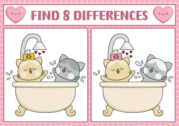 Vector illustration of Saint Valentine kawaii find differences game for children. Attention skills activity with cute cat couple taking bath in a bathtub. Love holiday puzzle for kids. Printable what is different worksheet