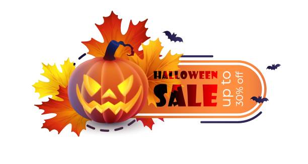 istock Discount ginger sticker for Autumn, Halloween sale with lantern orange pumpkin, maple leaves, bats isolated on white. Vector Holiday illustration for postcard, banner, cards, web, design, advertising 1865129500