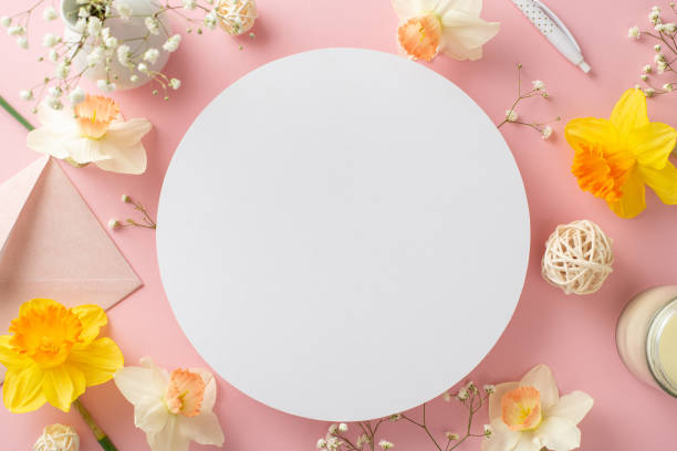 istock Unveil your emotions with a romantic spring letter. High-angle shot features tender narcissus and gypsophila branches, an envelope and rattan balls on rose background, perfect for text or advertising 1865157598