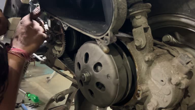 Close-up of mechanic repairing motorcycle.