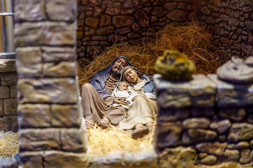 Christmas nativity scene with Mary. Joseph, the three wise men and baby Jesus in a manger.