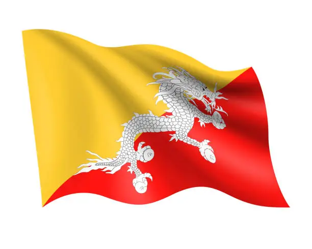 Vector illustration of Bhutan - vector waving realistic flag. Flag of Bhutan isolated on white background