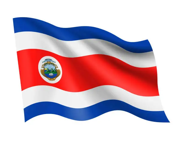Vector illustration of Costa Rica - vector waving realistic flag. Flag of Costa Rica isolated on white background