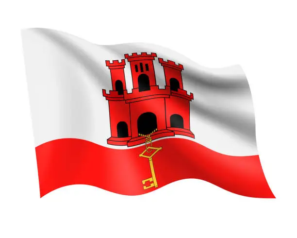 Vector illustration of Gibraltar - vector waving realistic flag. Flag of Gibraltar isolated on white background