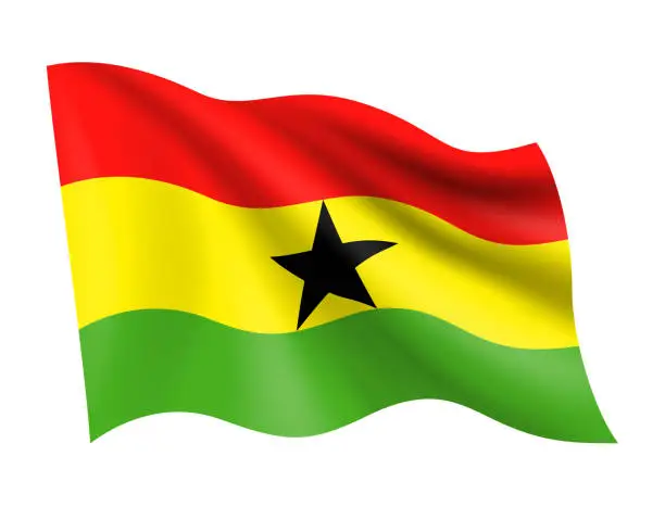 Vector illustration of Ghana - vector waving realistic flag. Flag of Ghana isolated on white background