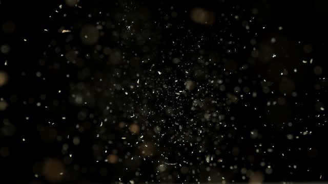 Super slow motion of sawdust particles falling down.