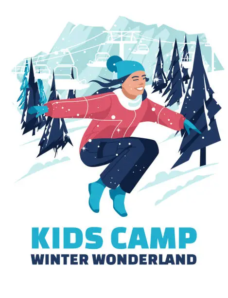 Vector illustration of Advertisement of a children's winter camp. The girl jumps against the background of the winter mountains of the ski resort. Vector flat illustration.