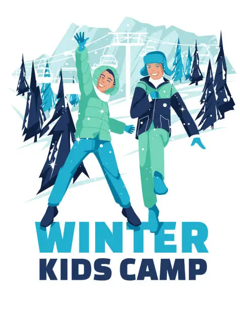 Vector illustration of Advertisement of a children's camp of winter activities. Two boys are jumping on the background of a winter ski resort. Vector flat illustration.