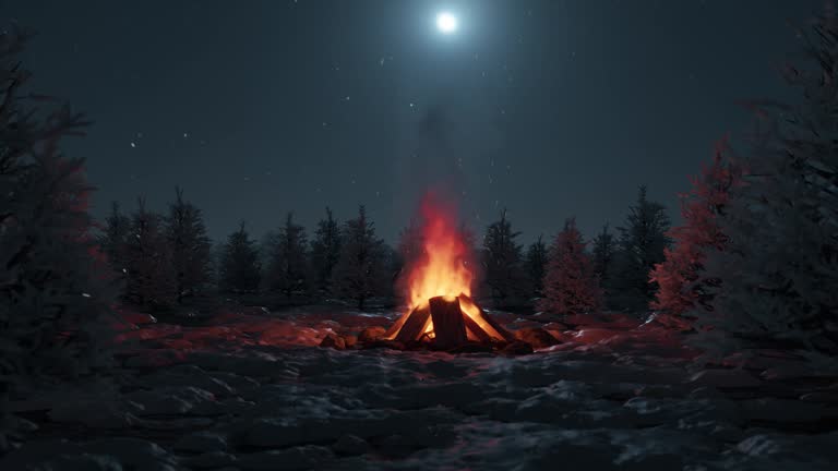 looping animation of bonfire with snowy pine trees and moonlight sky