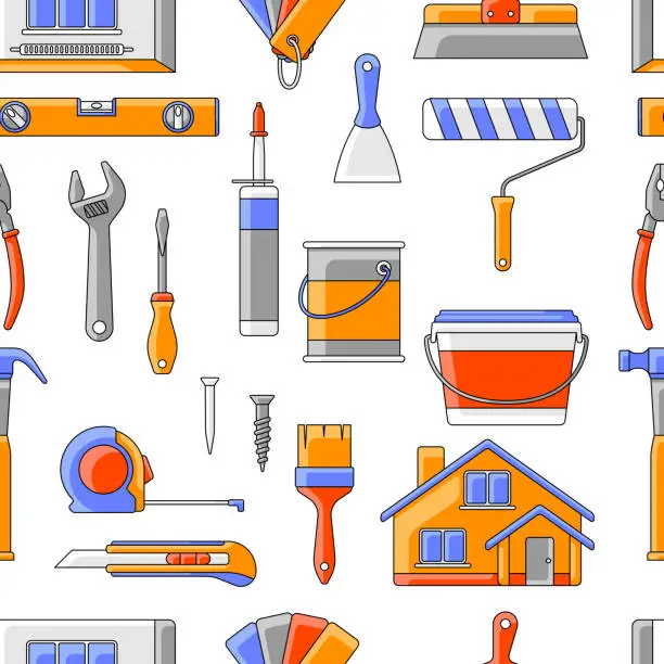 Vector illustration of Pattern with repair working tools. Equipment for construction industry and business.