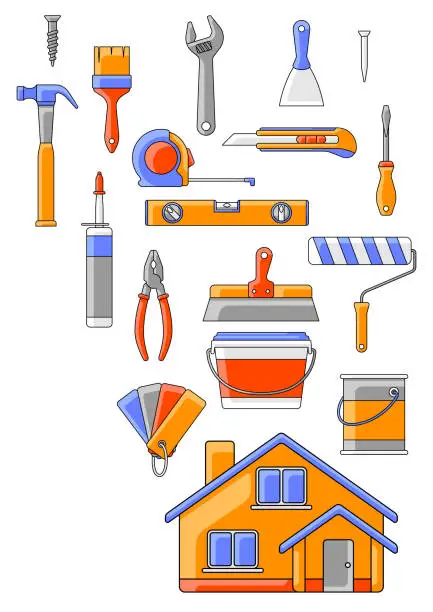 Vector illustration of Background with repair tools. Equipment for construction industry and business.