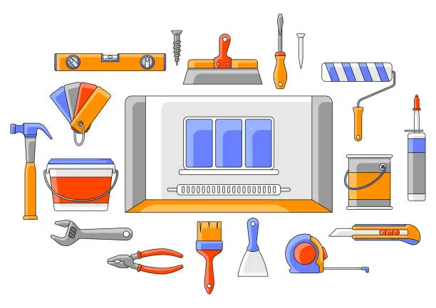 Vector illustration of Background with repair tools. Equipment for construction industry and business.