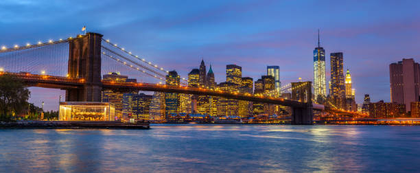 istock Panorama of Brooklyn Bridge with lights and reflections 186526070