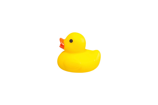 yellow plastic funny duck on white background