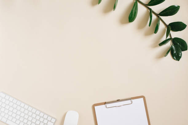 istock Workplace table in a minimalist style. Computer, paper for notes and a branch of a green plant on a light beige background with space copying. Flat lay 1865276535