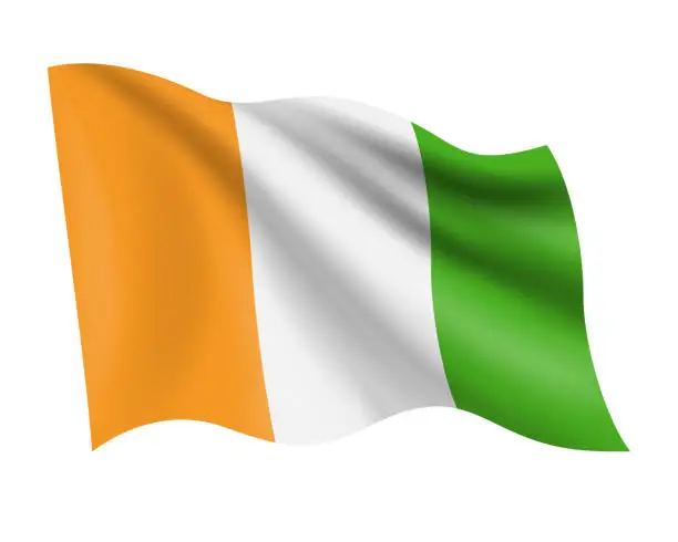 Vector illustration of Ivory Coast - vector waving realistic flag. Flag of Ivory Coast isolated on white background