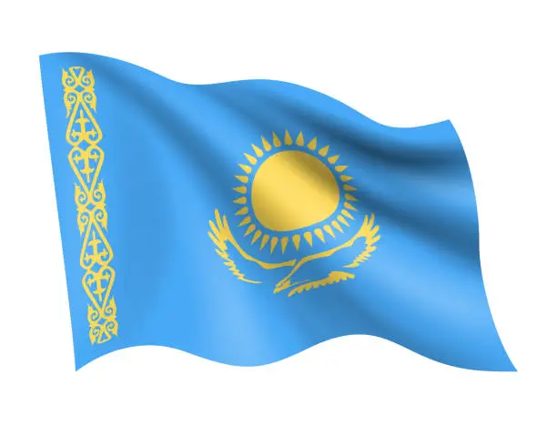 Vector illustration of Kazakhstan - vector waving realistic flag. Flag of Kazakhstan isolated on white background