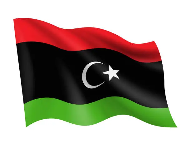 Vector illustration of Libya - vector waving realistic flag. Flag of Libya isolated on white background