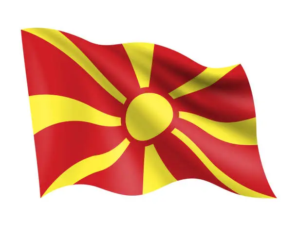 Vector illustration of North Macedonia - vector waving realistic flag. Flag of North Macedonia isolated on white background