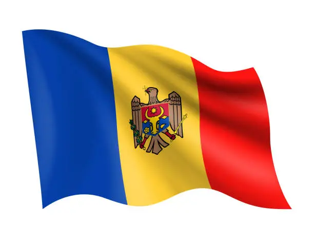Vector illustration of Moldova - vector waving realistic flag. Flag of Moldova isolated on white background
