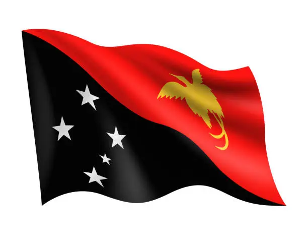 Vector illustration of Papua New Guinea - vector waving realistic flag. Flag of Papua New Guinea isolated on white background
