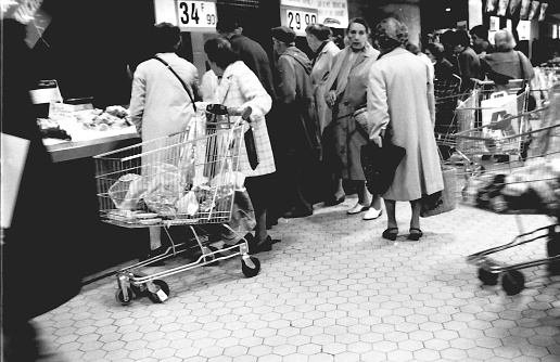 People shopping in the 1980s in an Auchan supermarket in France