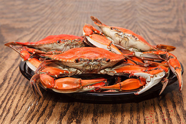istock Steamed Blue Crabs on a wooden table 186530041