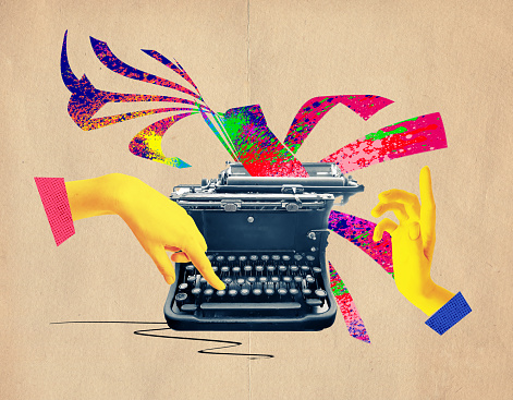 Pop art collage. Female hand typing on retro typewriter over creative design background. Vintage, retro