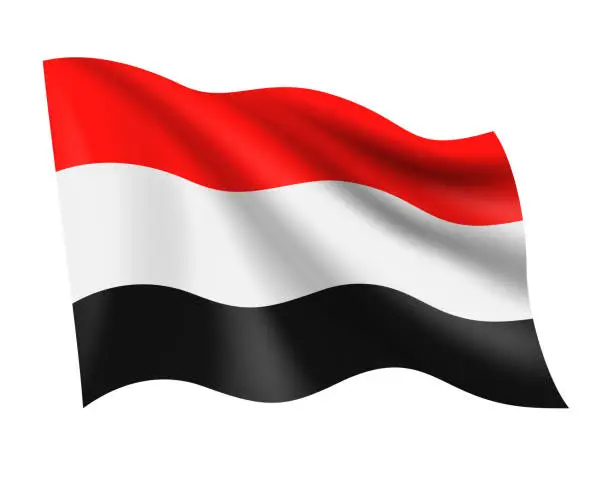 Vector illustration of Yemen - vector waving realistic flag. Flag of Yemen isolated on white background