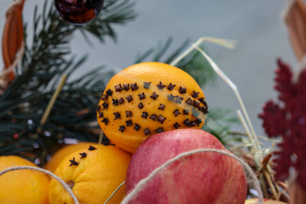 christmas background with fruits and spices