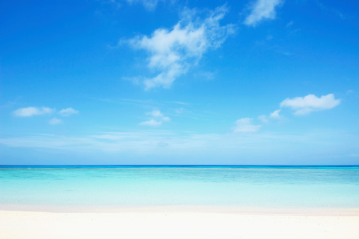 Beach scene - turquoise transparent ocean and  a white sand beach. Bali, Melasti beach aerial view.