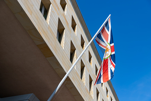 A picture of the United Kingdom flag at the British Embassy in Berlin.