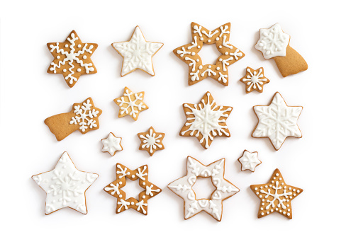 Gingerbread cookies on white background. Snowflake, star. Isolated white background.