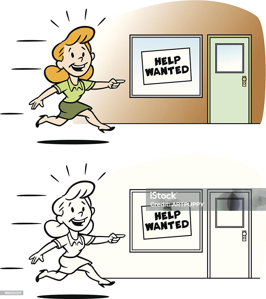 Woman Seeing Help Wanted Sign Great illustration of a woman seeing a help wanted sign. Perfect for an employment or career illustration. EPS and JPEG files included. Be sure to view my other illustrations, thanks! 1950-1959 stock vector