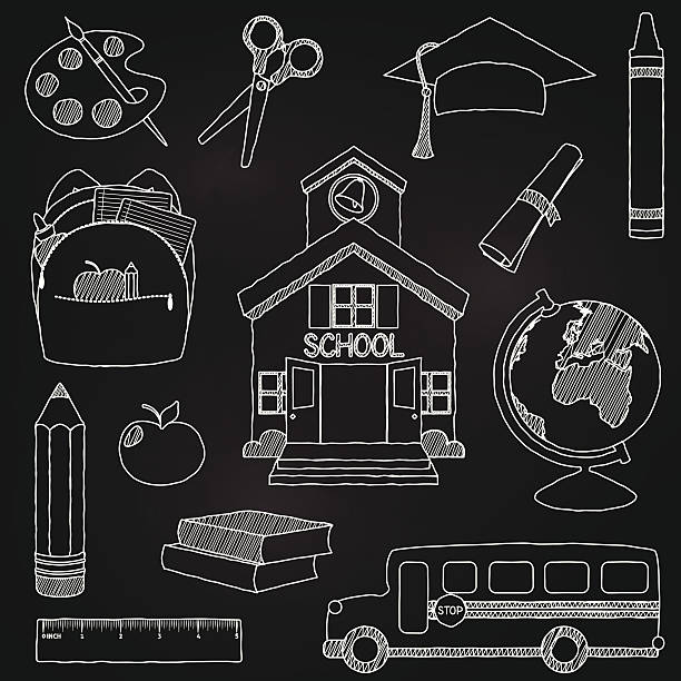 Vector illustration of doodle school elements Vector Set of Hand Drawn Chalkboard Doodle School Vectors. Transparencies and gradients used in background only. Large JPG included. Each element is individually grouped for easy editing. chalk art equipment stock illustrations