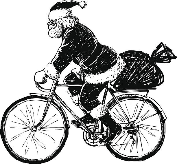 illustrations, cliparts, dessins animés et icônes de santa claus équitation un vélo - père noel à vélo