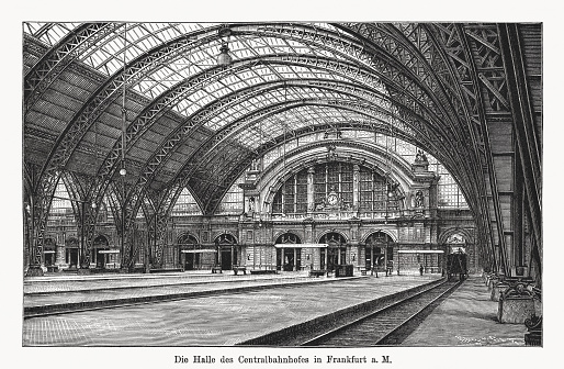 Historical view of the main train station in Frankfurt am Main, Hesse, Germany. Opened in 1888. Wood engraving, published in 1894.
