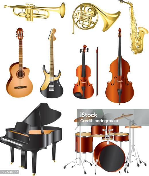 Musikinstrumente Vektorset Stock Vektor Art und mehr Bilder von Glänzend - Glänzend, Akustikgitarre, Bassgitarre