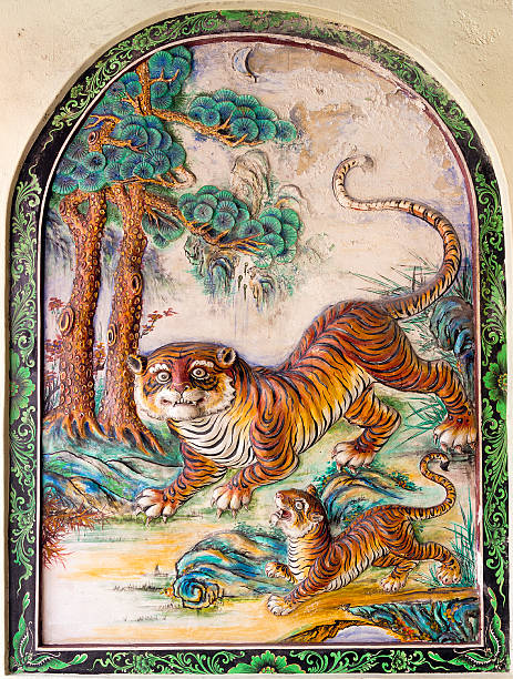 istock Colorful Painted Tiger Chinese Temple Wall Carving 186535811